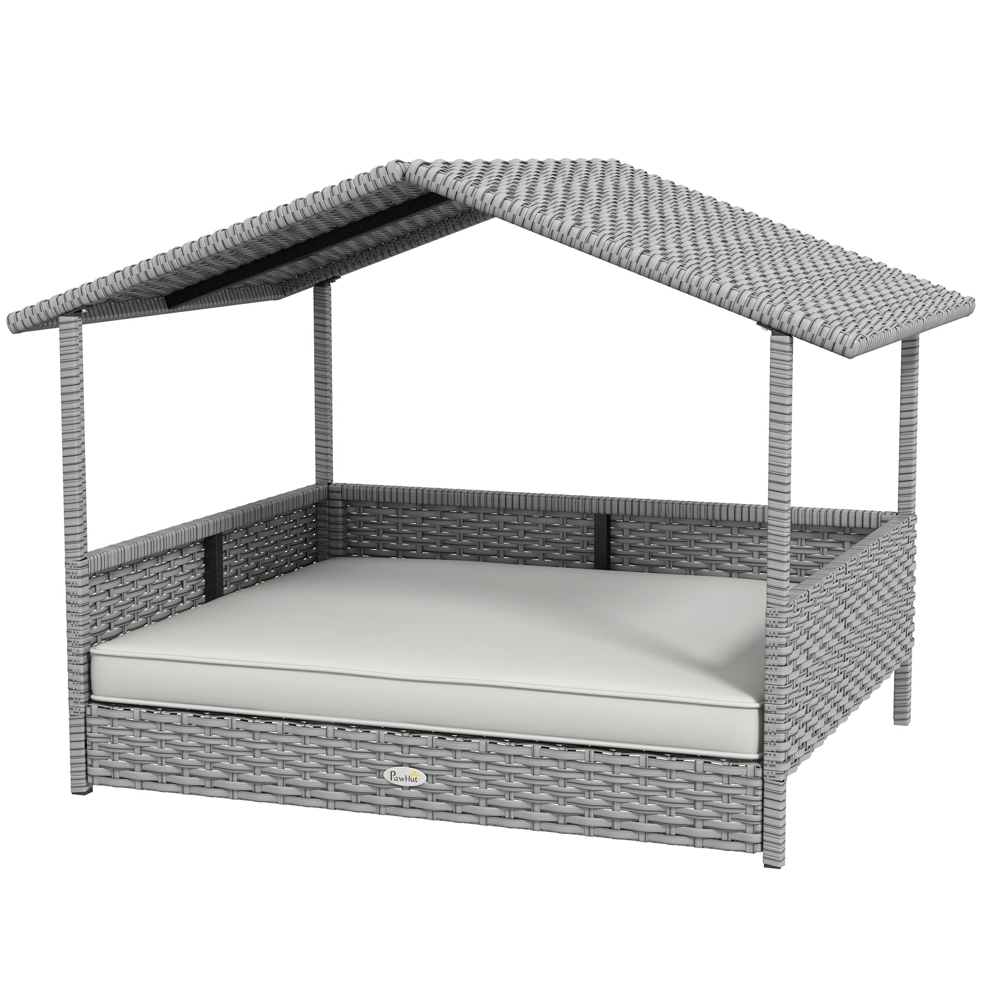 Wicker Dog House Outdoor with Canopy, Rattan Dog Bed with Water-resistant Cushion, Raised Pet Bed for Small, Medium Breeds up to 66 lbs, 20" in Length, Silver Wicker, White Cushion