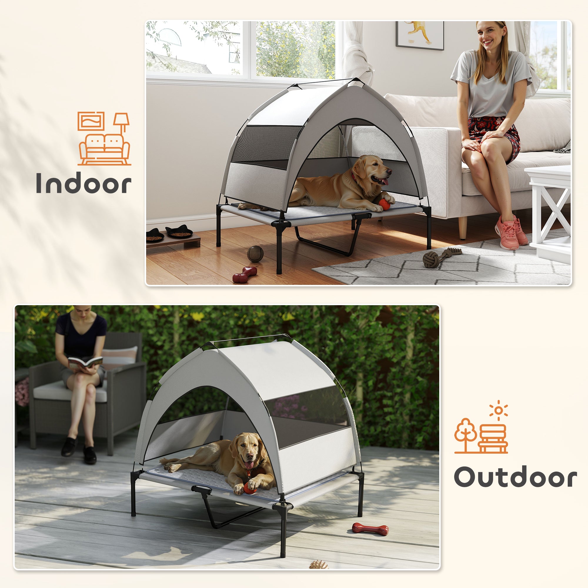 Elevated Dog Bed with Removable Canopy, Portable Outside Raised Pet Cot with Cooling Pad, Storage Bag, 36" x 29.5" x 35"