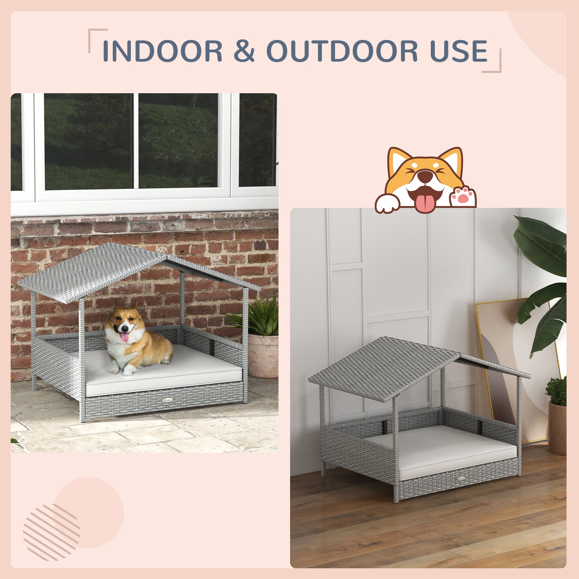 Wicker Dog House Outdoor with Canopy, Rattan Dog Bed with Water-resistant Cushion, Raised Pet Bed for Small, Medium Breeds up to 66 lbs, 20" in Length, Silver Wicker, White Cushion