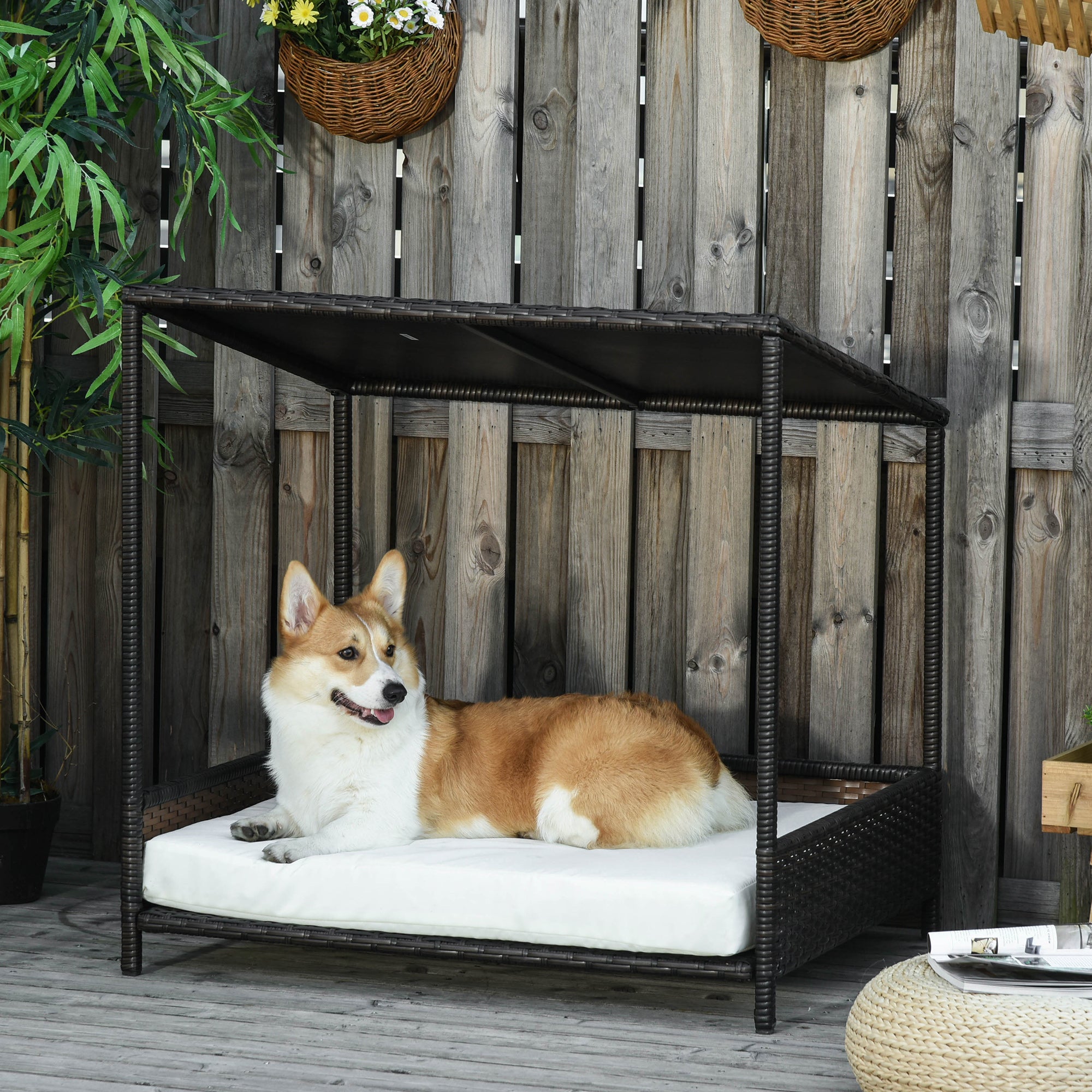Wicker Dog House Raised Rattan Puppy Bed Cat Shelter For Indoor Outdoor Garden Patio Pet Sofa With Removable Cushion For Medium Sized Pet Brown