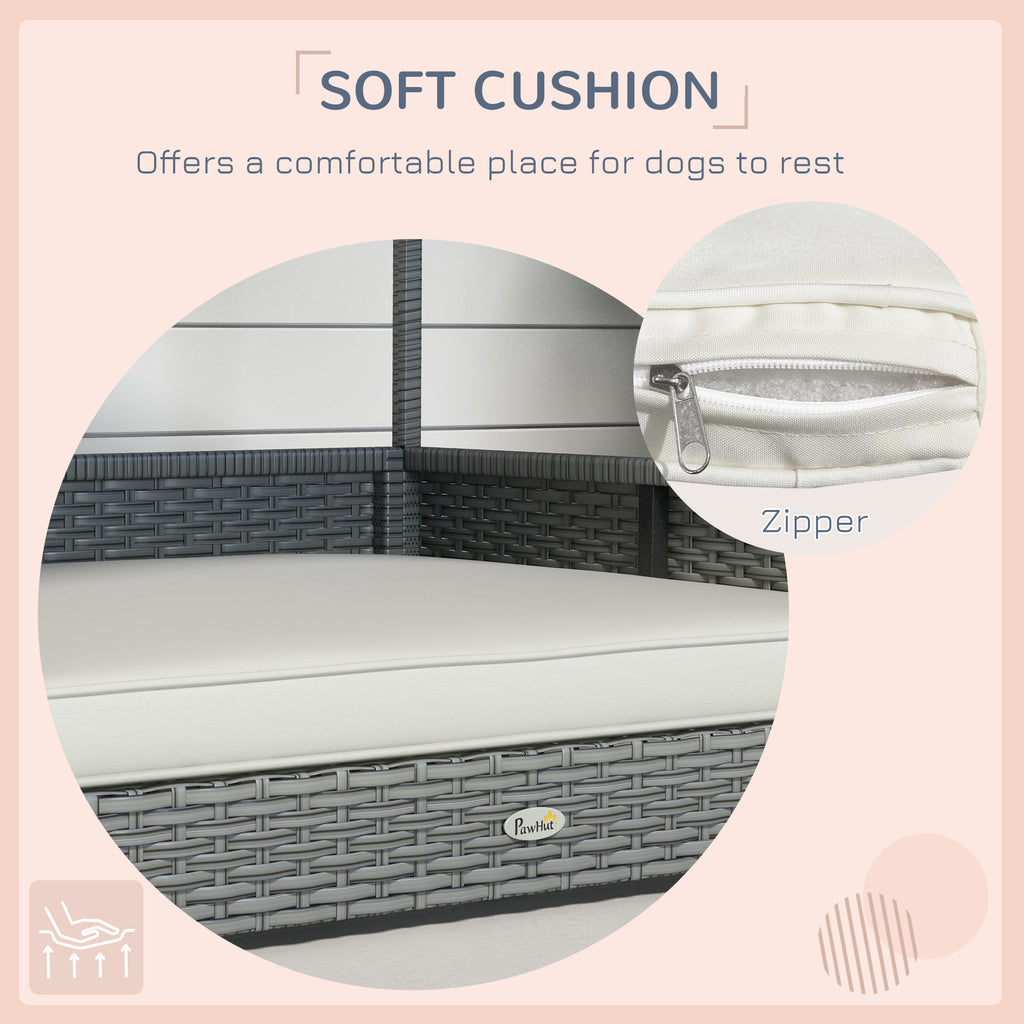 Wicker Dog House Outdoor with Canopy, Rattan Dog Bed with Water-resistant Cushion, Raised Pet Bed for Small, Medium Breeds up to 66 lbs, 20" in Length, Silver Wicker, White Cushion
